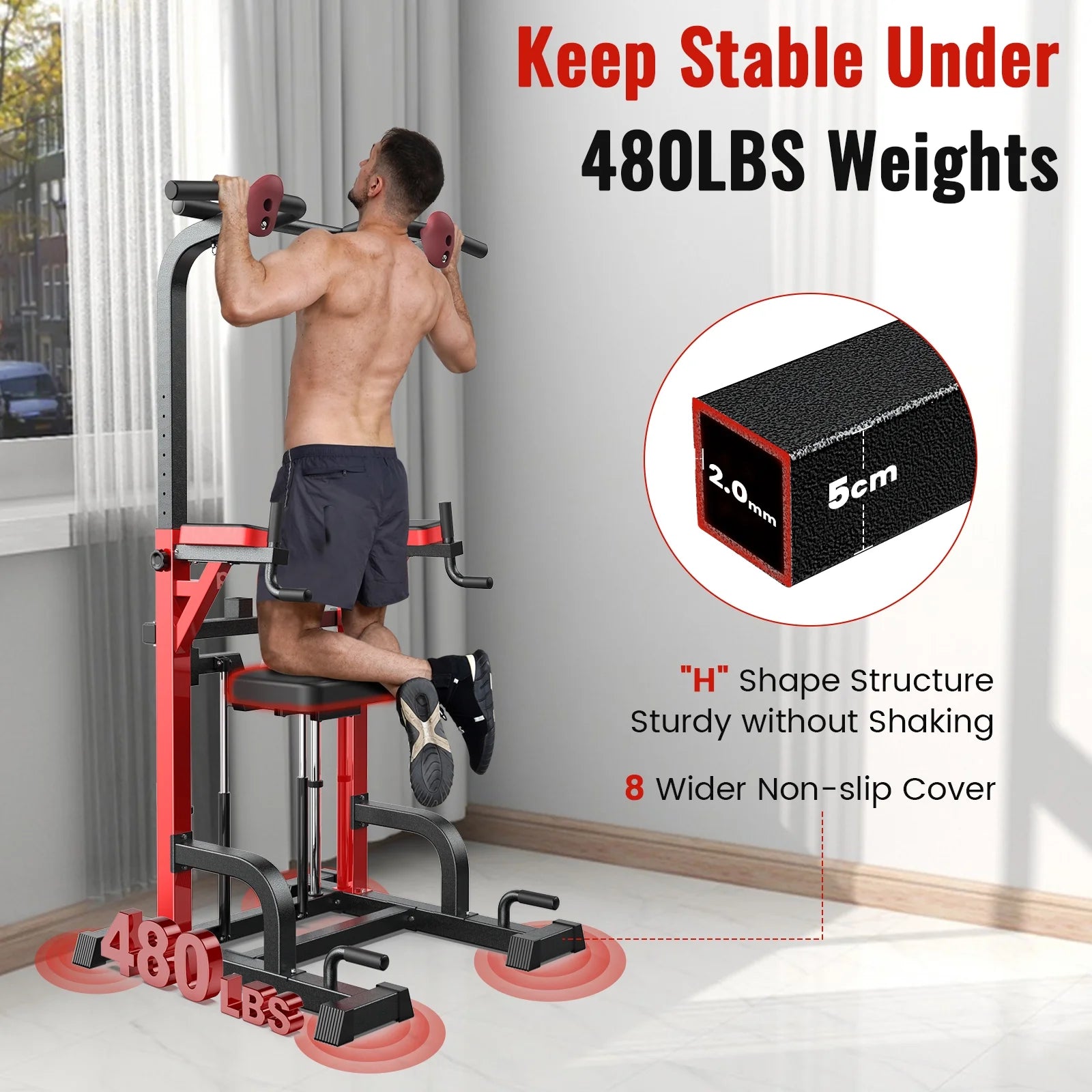 Power Tower Pull up Bar Dip Station with Resistance Assisted Pad Multi-Function Adjustable Height Home Gym Strength Training Fitness Workout Equipment 480 LBS