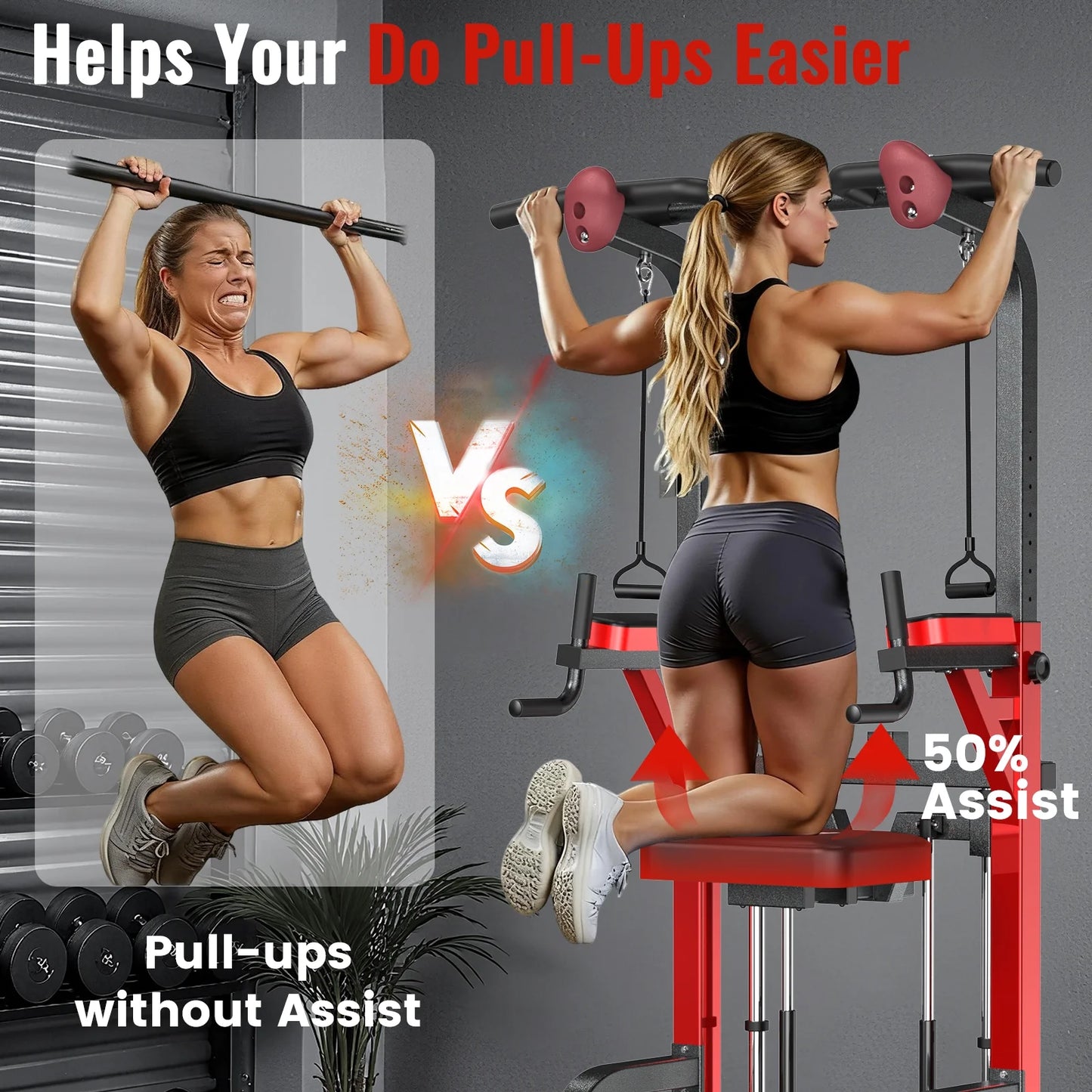 Power Tower Pull up Bar Dip Station with Resistance Assisted Pad Multi-Function Adjustable Height Home Gym Strength Training Fitness Workout Equipment 480 LBS